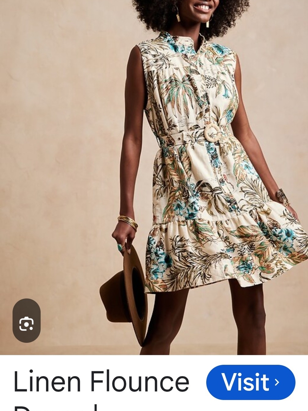 Banana Republic Cream Floral Sleeveless Belted Dress with Teal Accents